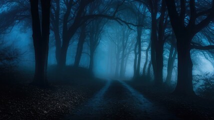 Obraz premium Eerie and Quiet Forest Path Enveloped in Mist with Shadowy Trees and Soft Blue Light, Evoking a Cinematic Feel of Mystery and Solitude, Perfect for Nature-Themed Photography and Atmospheric Imagery.