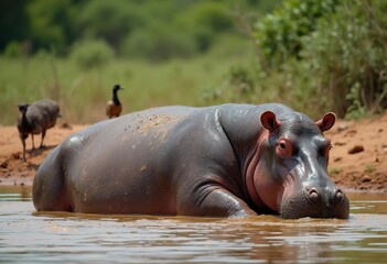 Fototapeta premium A large, brown hippopotamus resting in shallow water on a muddy riverbank