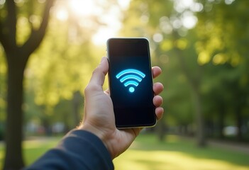 A person's hand holding a smartphone with a WiFi signal icon displayed on the screen, against a blurred outdoor background