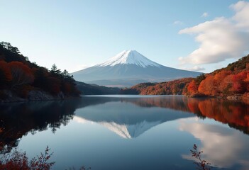 A snow-capped Mount Fuji reflected in a calm lake surrounded by autumn foliage