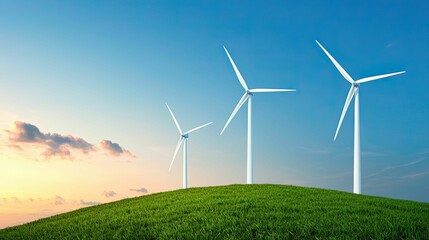 Obraz premium Critical industry concept, Wind turbines stand tall on a grassy hill under a clear blue sky, showcasing renewable energy and sustainability.