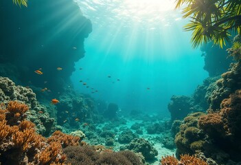 Fototapeta premium A tropical underwater scene with a clear, turquoise ocean, coral reefs, and lush green foliage along the shoreline