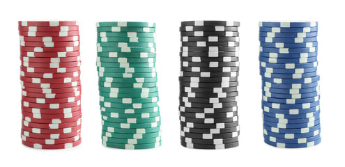 Fototapeta premium Set of different poker chips on white background