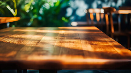 Wooden table close up with natural light. Wooden texture mockup for designers. Table surface desk
