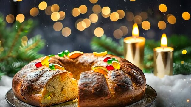 A traditional Rosca de Reyes cake rests on a snowy table, adorned with candied fruits, celebrating Epiphany. This festive dessert on Three Kings Day, candlelit setting, evoking the joy of the holiday.