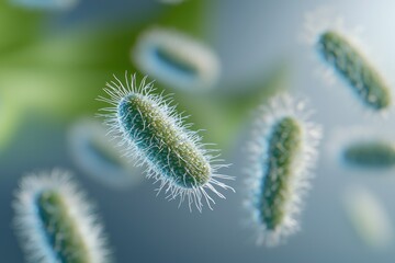 Obraz premium Close-Up View of Vibrant Bacteria with Hair-Like Protrusions on a Soft Blue Background, Illustrating Microbial Life and Its Intricacies in a Scientific Context
