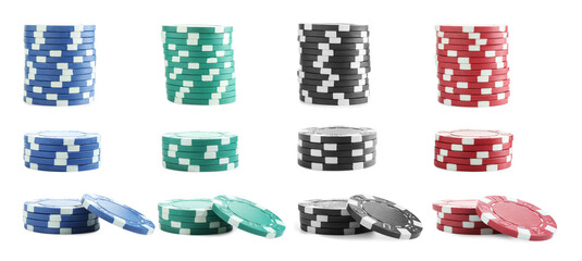 Set of different poker chips on white background
