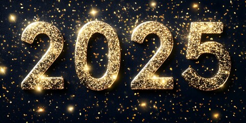 A festive 2025 Happy New Year greeting card with shimmering gold glitter on a sleek black background, perfect for sending joyful New Year wishes.