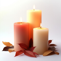 Minimalist Autumn-Themed Candles with Leaves on a Clean Background