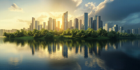 City Rising Above Greenery, Symbolizing Partnership for Sustainability