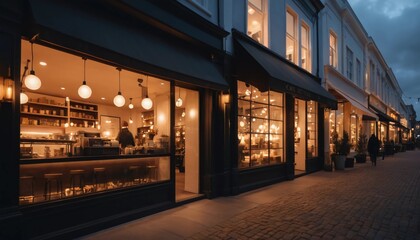 Obraz premium Storefront at dusk, with warm glowing lights illuminating the inside and casting a soft glow outside