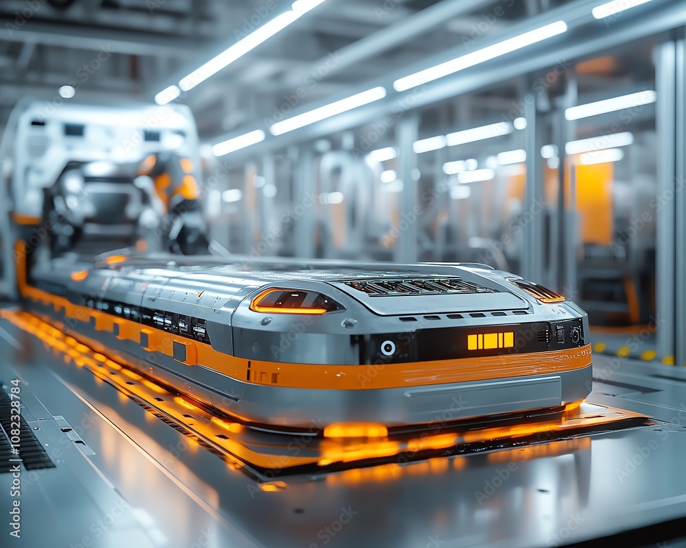 Poster Advanced robotic arms assembling lithiumion batteries for electric cars, hightech factory with clean surfaces, efficient and automated production line