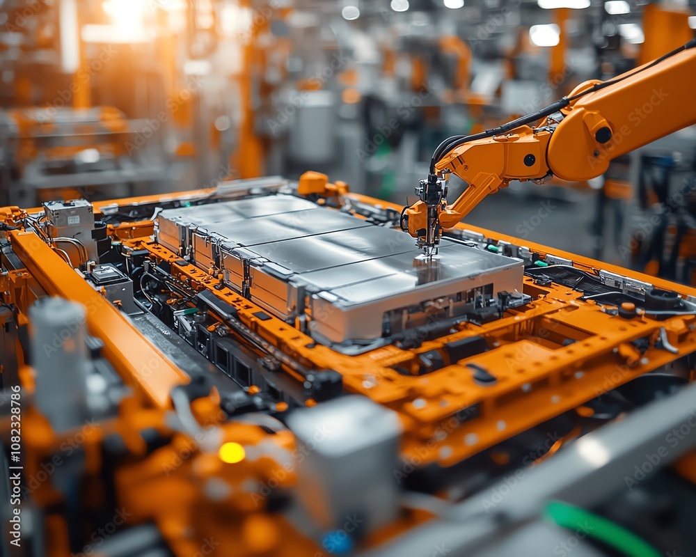Poster advanced robotic arms assembling lithiumion batteries for electric cars, hightech factory with clean