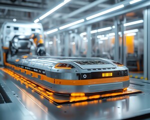 Advanced robotic arms assembling lithiumion batteries for electric cars, hightech factory with clean surfaces, efficient and automated production line