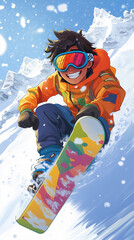 Cartoon boy snowboarding. 