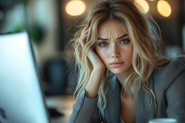A woman sits in front of a computer with her head propped up by her hand. Concept of solving a problem. Thinking about a task.	