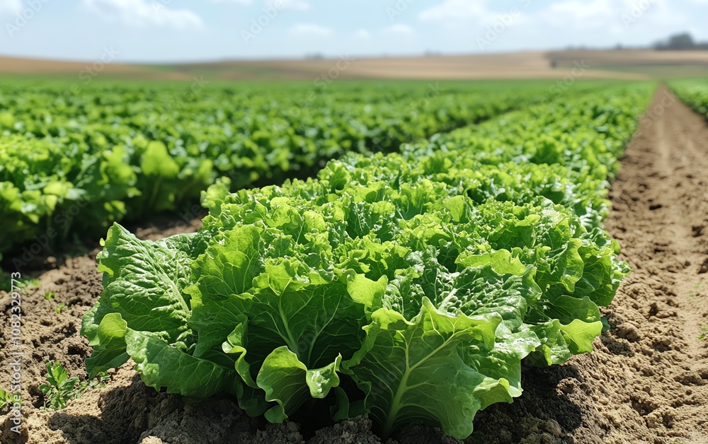 Poster Efficient field irrigation system watering fresh lettuce rows, automated farming technology in use, vibrant green lettuce crops under the warm sunlight, open farmland