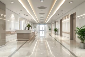 Fototapeta premium The interior of the reception of a modern office or medical center, an empty bright corridor. 