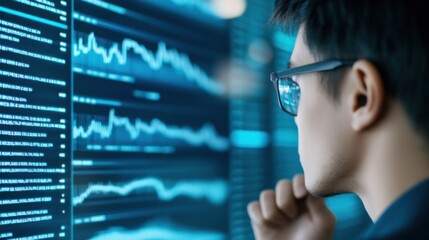 A focused individual examines complex data visualizations on multiple screens, analyzing trends and insights to inform business decisions in an office setting