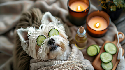 Relaxed dog enjoying a spa day at home with cucumber slices and candles in the evening