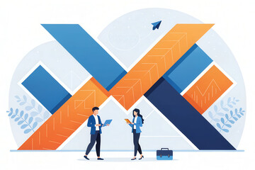 Obraz premium Two people are standing in front of a large X shaped structure. One of them is holding a book