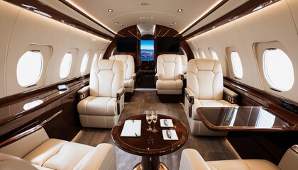 Interior lounge area of a luxury private jet with plush leather seats, polished wood accents