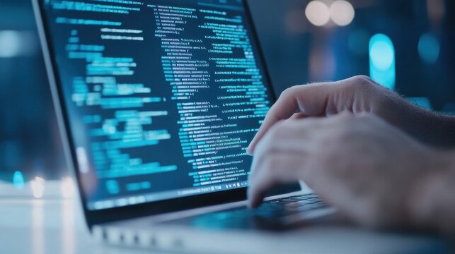 A focused individual is typing on a laptop filled with lines of code in a modern tech workspace. Soft blue lights create a calming atmosphere during nighttime