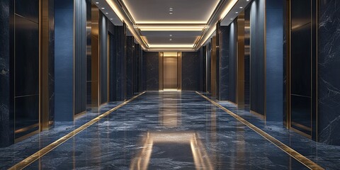 Fototapeta premium stylish dark blue and gold modern corridor in office building with elegant stones floor and marble walls 