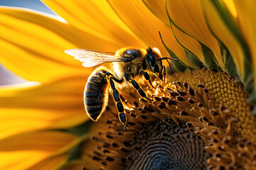 Macro shot of one bee worker harvesting collecting nectar pollen on sunflower heads scene