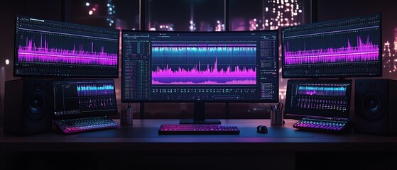 Highend audio editing setup with multiple monitors showing sound waves, professional audio mixers, studio workspace for music creation, precise editing tools, modern design