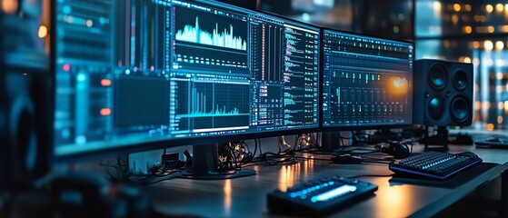 Highend audio editing setup with multiple monitors showing sound waves, professional audio mixers, studio workspace for music creation, precise editing tools, modern design