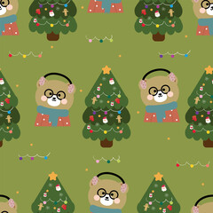 Naklejka premium Seamless pattern cartoon bear with christmas tree and stuff. cute christmas wallpaper for fabric print, gift