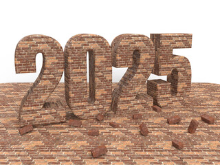 Brick New year inscription 2025 on stone floor. Christmas post idea for building company. 3d rendering