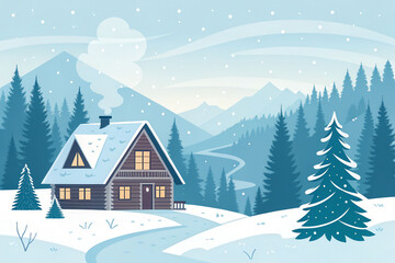 A winter landscape with a large tree in the foreground and two smaller trees in the background. The sky is blue and the sun is setting