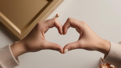Obraz premium A pair of hands forms a heart shape against a neutral background, symbolizing love and connection.