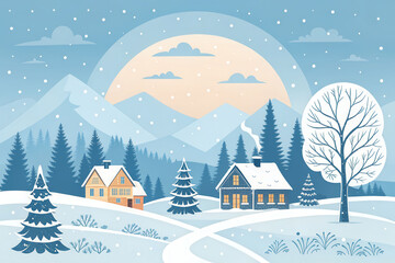 A winter landscape with a large tree in the foreground and two smaller trees in the background. The sky is blue and the sun is setting