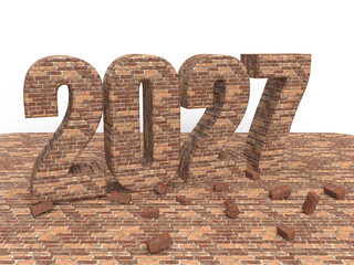 Brick New year inscription 2027 on stone floor. Christmas post idea for building company. 3d rendering