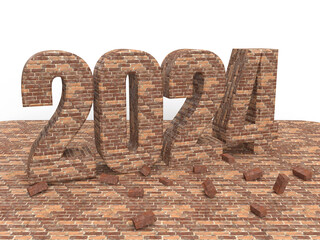 Brick New year inscription 2024 on stone floor. Christmas post idea for building company. 3d rendering
