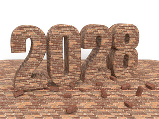Brick New year inscription 2028 on stone floor. Christmas post idea for building company. 3d rendering