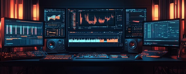 Professional music editing studio with multiple screens showing audio tracks and sound waves, advanced audio mixers, creative workspace for music production and editing