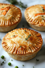 Golden mini chicken pot pie muffins with a flaky crust and creamy filling of chicken. AI generative.