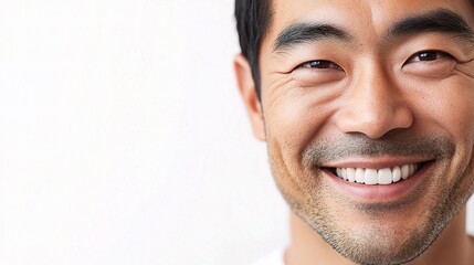 Obraz premium Closeup Portrait of a Joyful Asian Man Smiling, Isolated on a White Background, Showcasing Genuine Happiness and Positive Energy in a Serene Atmosphere