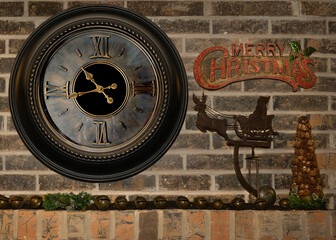 A Vintage Christmas Mantel with a bronze metal Santa in sleigh, antique reindeer bells, a pinecone Christmas tree, a retro Merry Christmas sign, and a rustic Roman numeral clock on a brick mantel.