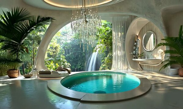 Futuristic chandelier in a sleek glass-walled living room overlooking a rugged coastal cliff with crashing waves below