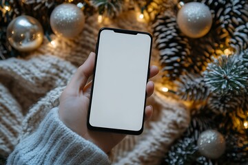 A hand holding a blank smartphone against a festive background of greenery and ornaments.