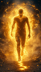 Naklejka premium An athlete in motion, stepping boldly toward a radiant golden porta