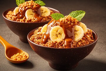 Delicious granola bowl with bananas and caramel sauce, garnished with mint leaves.