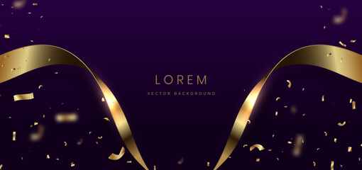 Gold ribbon on dark purple background. Celebration grand openning party happy concept.