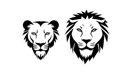 male and female lion head black and white simple vector shape silhouette illustrations, lion and lioness simple vector illustration
