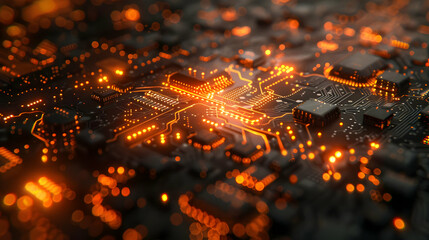 Circuit Board with Orange Lights 3D Illustration